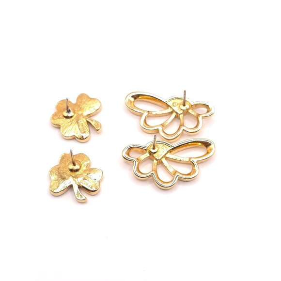 2 Pairs Elegant Gold-Tone & Rhinestone Butterfly & Shamrock Earrings Set - Picture 3 of 13